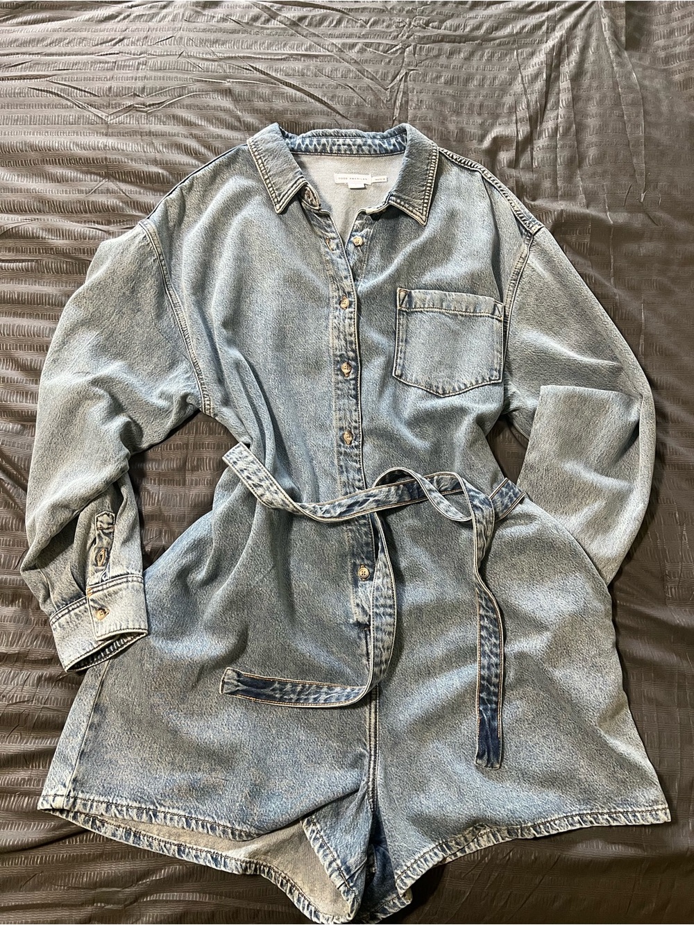 Good American Denim Romper with Belt - Light Blue